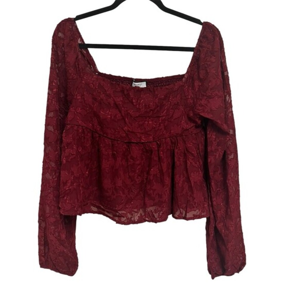 Discreet NYC Blouse Juniors XL Burgundy Floral Lace Smocked Square Neck